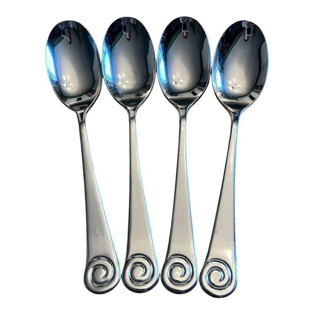 Robert Welch Ammonite Bright Set of 4 Oval Soup Spoons Glossy Stainless FREE S&H